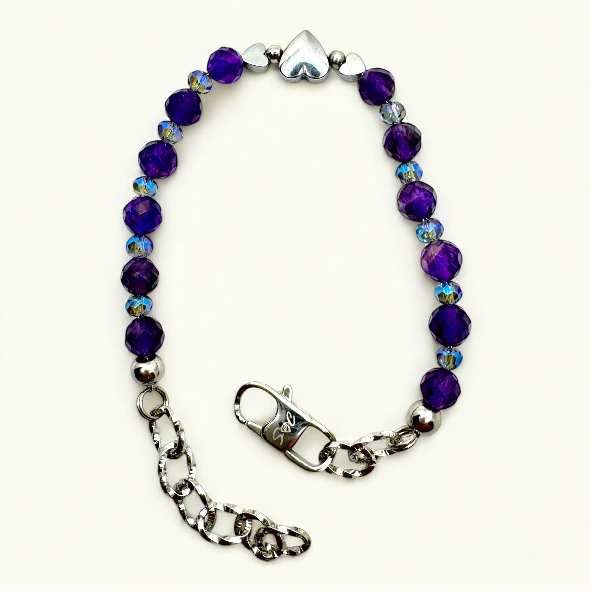 Bracciale Ametista, Cristallo Blu ed Ematite con Cuori Sharifa Crystals